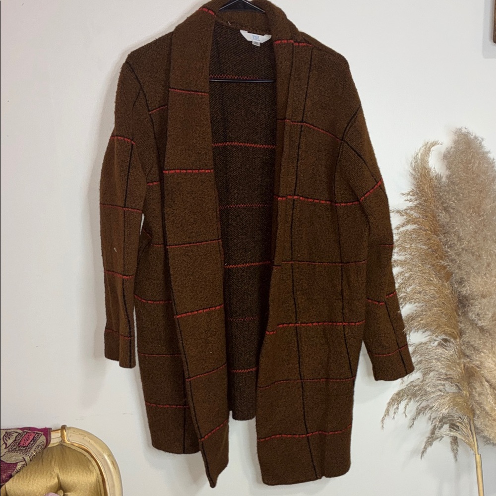 Time and Tru Brown Teddy Open-Front Cardigan with Red Windowpane